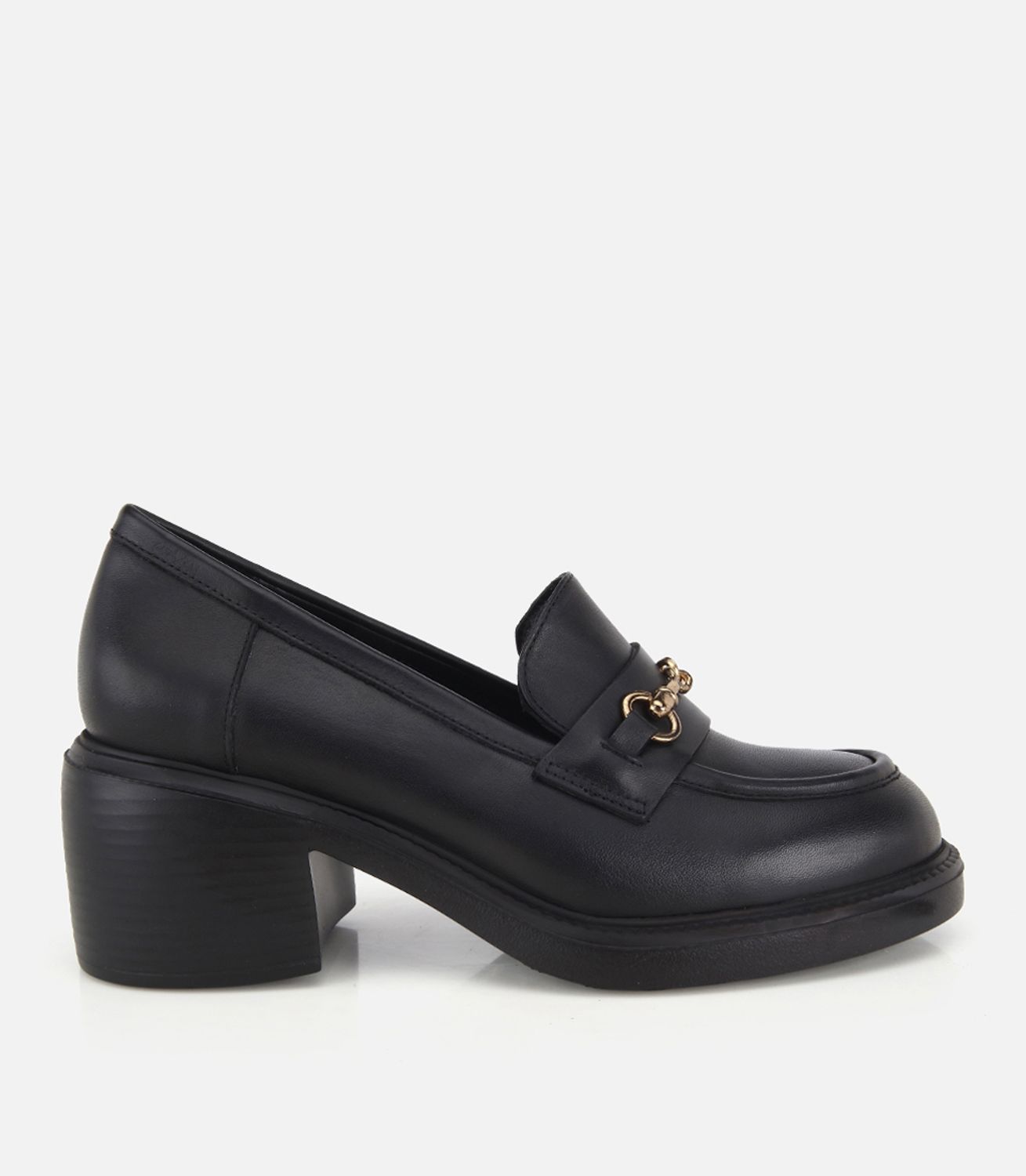 Kadın Deri Siyah Tokalı Klasik Topuklu Loafer