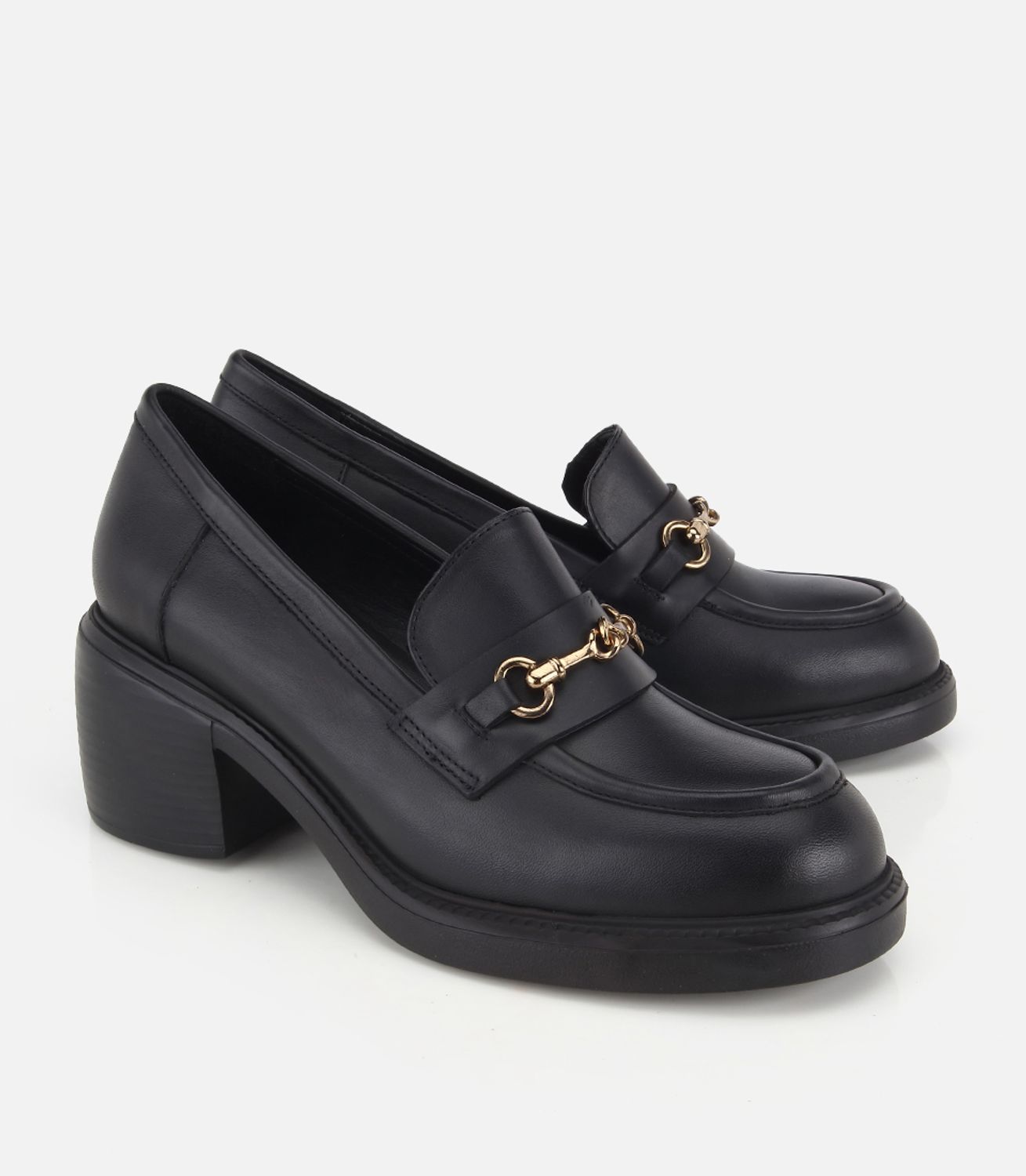 Kadın Deri Siyah Tokalı Klasik Topuklu Loafer