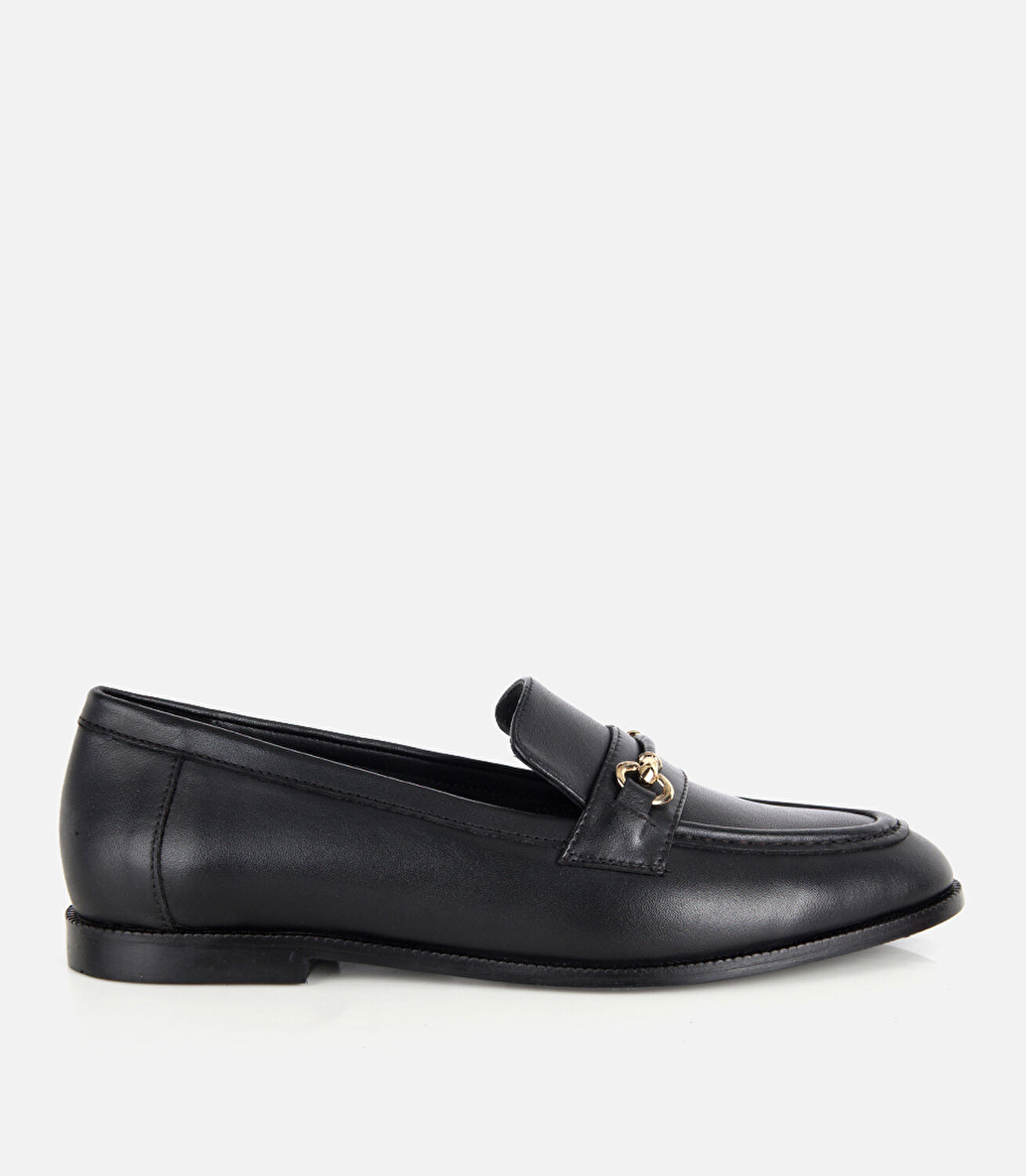 Kadın Deri Siyah Gold Toka Detaylı Klasik Loafer