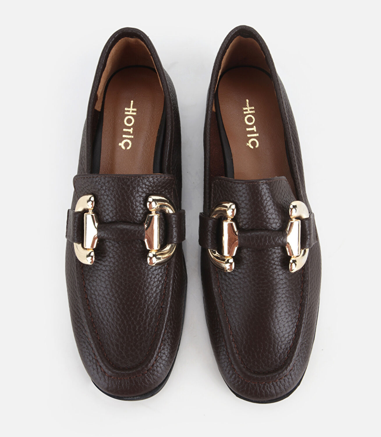 Kadın Deri Kahverengi Gold Toka Detaylı Yumuşak Dokulu Topuklu Klasik Loafer