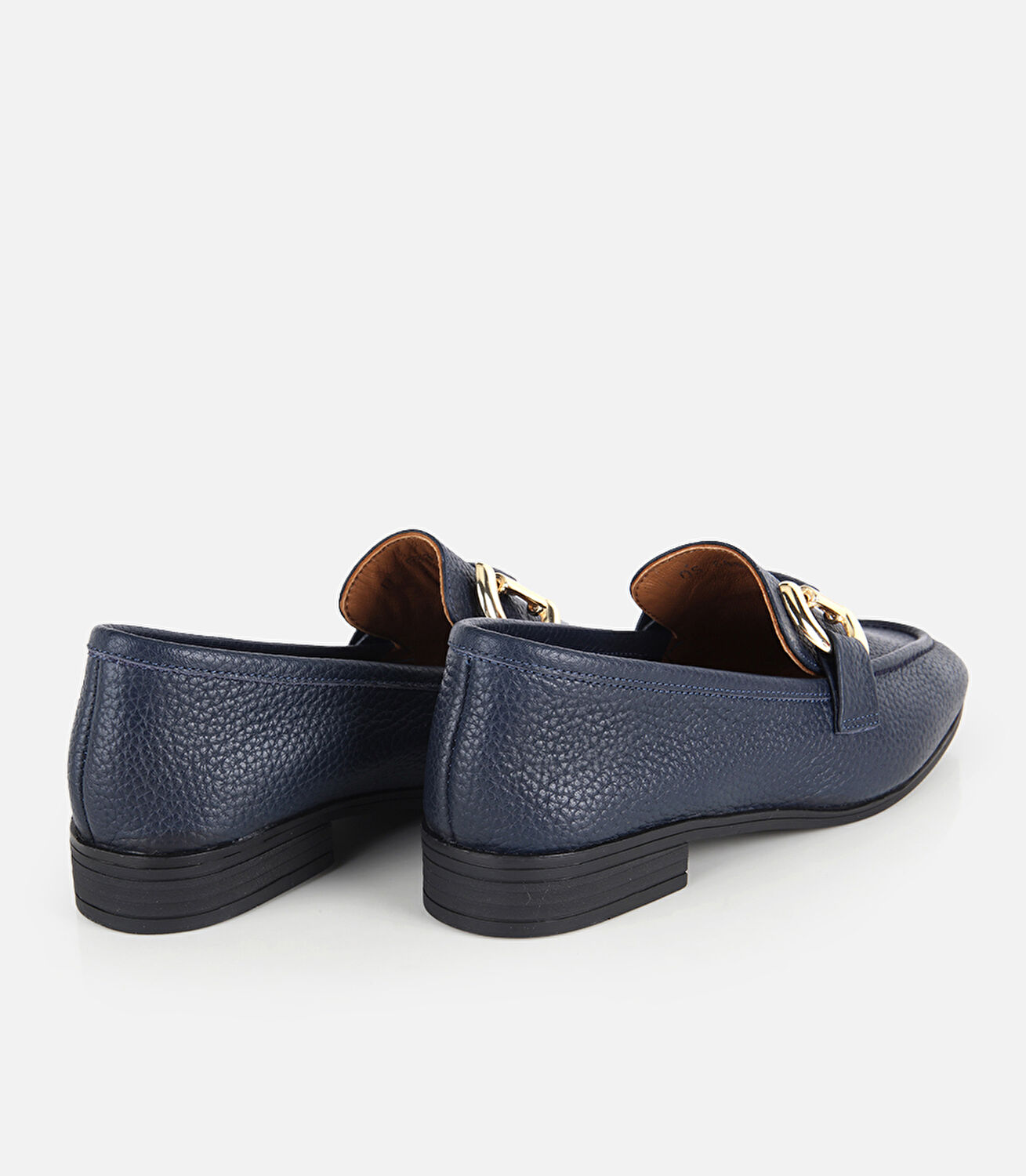 Kadın Deri Lacivert Gold Toka Detaylı Yumuşak Dokulu Topuklu Klasik Loafer