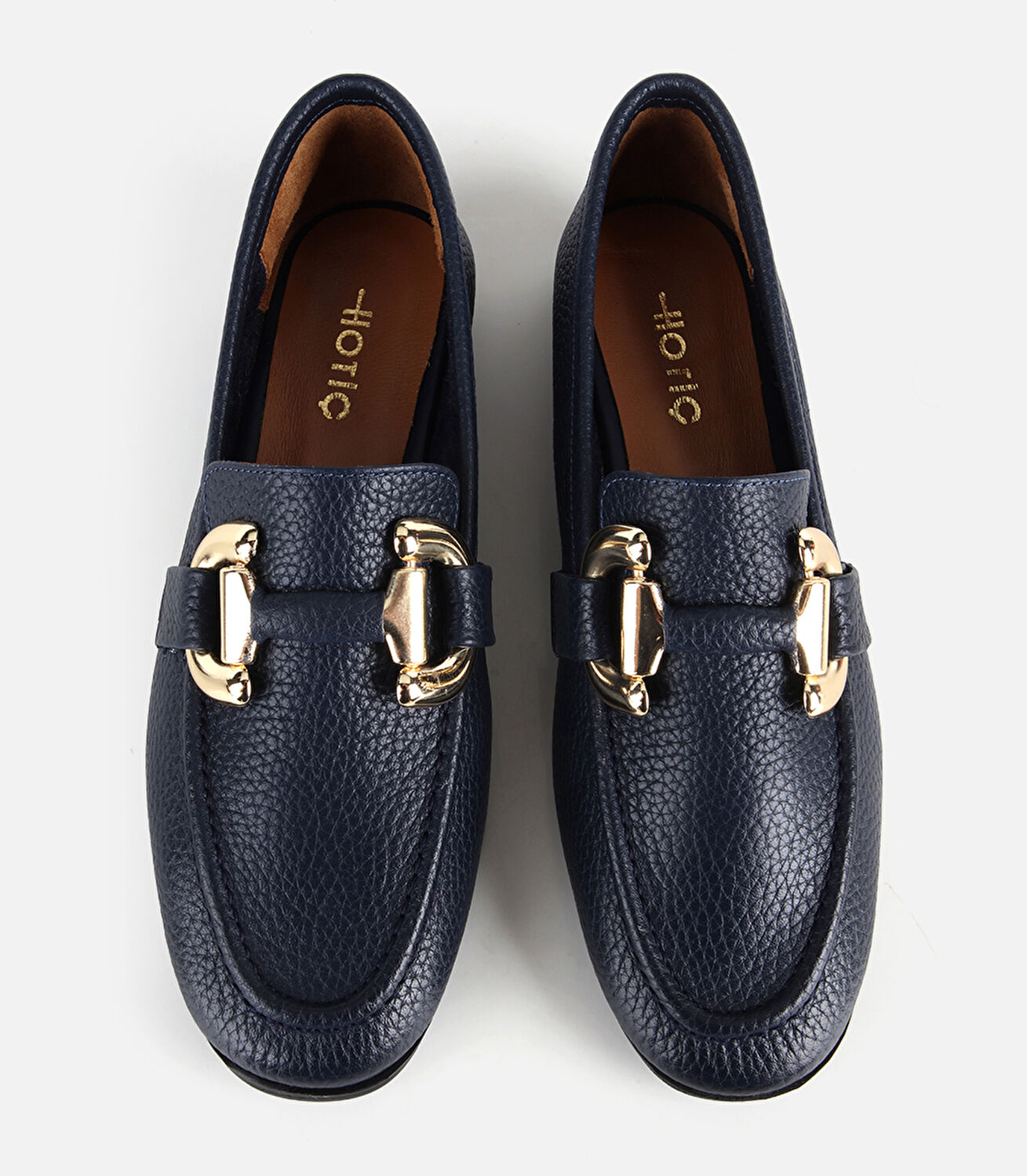 Kadın Deri Lacivert Gold Toka Detaylı Yumuşak Dokulu Topuklu Klasik Loafer