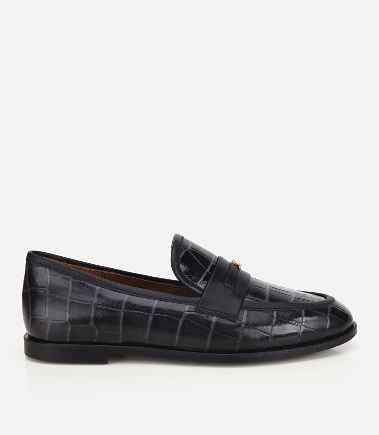 Kadın Deri Siyah Kroko Detaylı Klasik Loafer