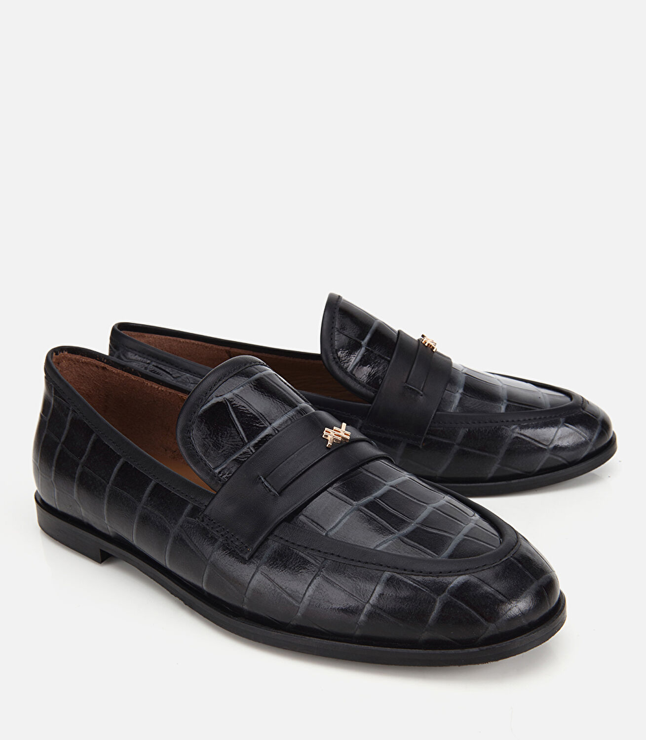 Kadın Deri Siyah Kroko Detaylı Klasik Loafer