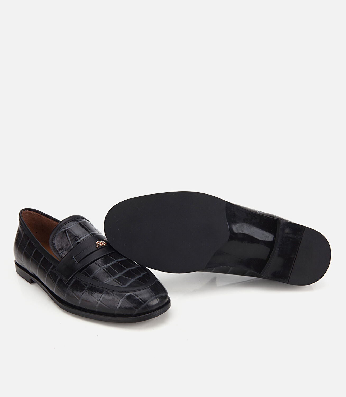 Kadın Deri Siyah Kroko Detaylı Klasik Loafer