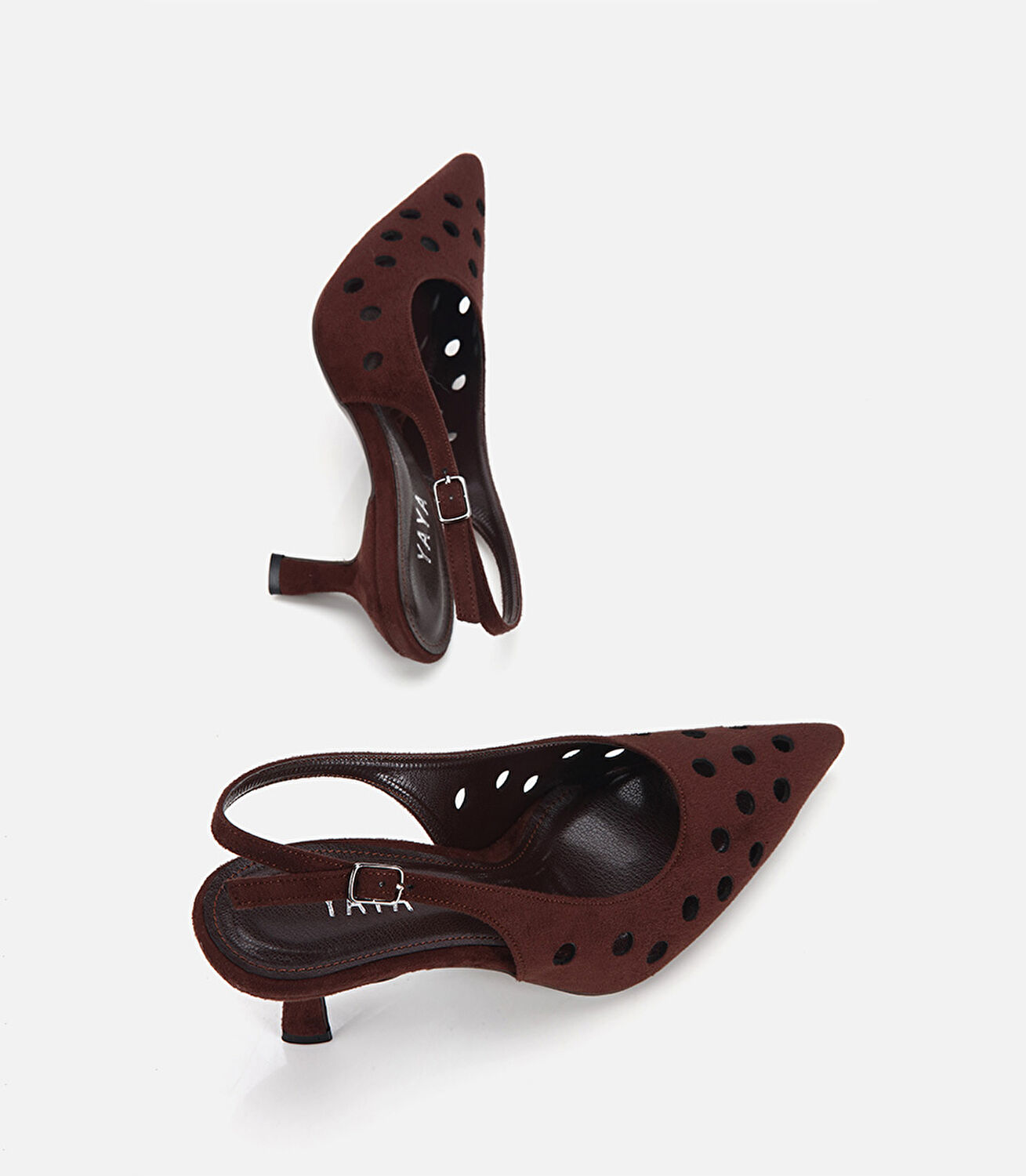 Kadın Kahverengi Süet Sivri Burunlu Delikli İnce Topuklu Arkası Açık Stiletto