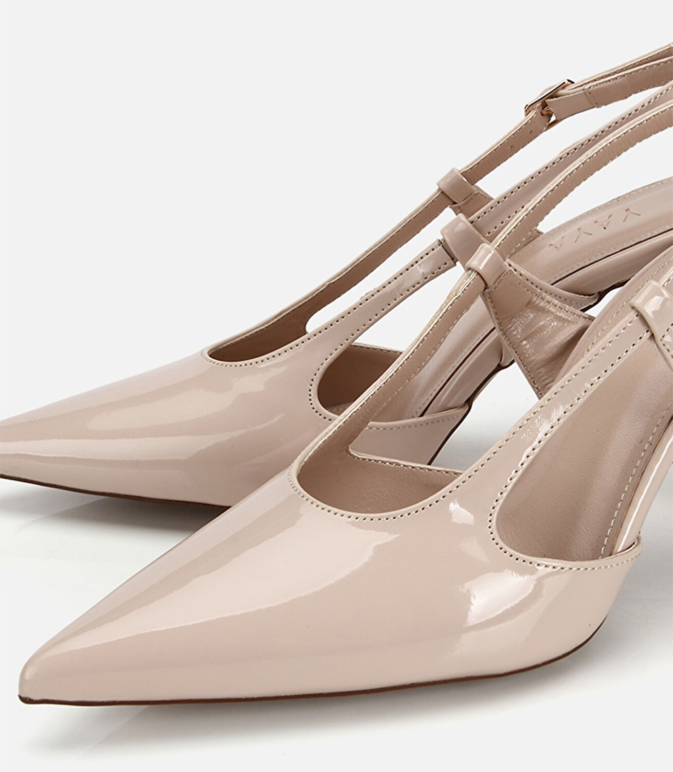 Kadın Bej Rugan Sivri Burunlu Bantlı İnce Topuklu Arkası Açık Stiletto