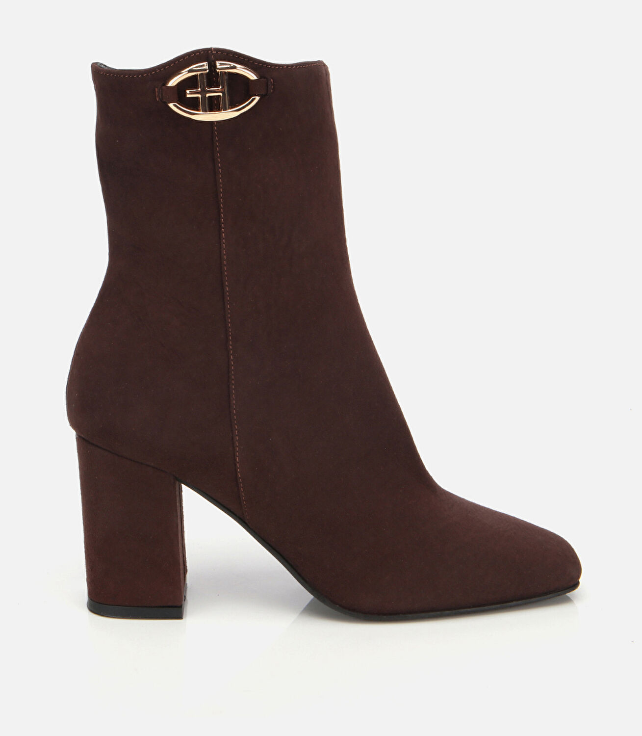 Kadın Süet Deri Kahverengi Tokalı Kare Uçlu Bilekte Topuklu Bot