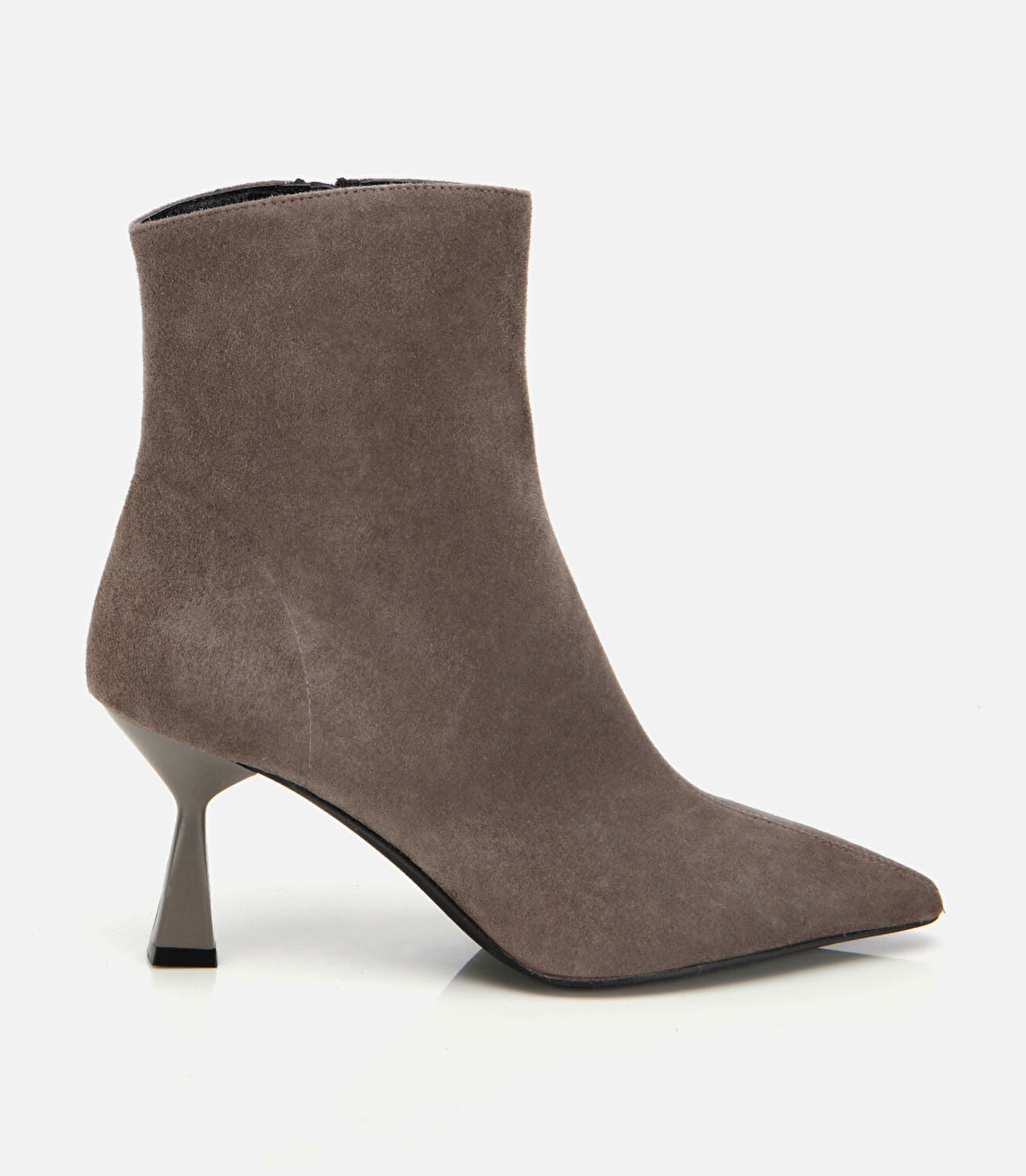 Kadın Süet Deri Vizon Dikiş Detaylı Sivri Kısa Topuklu Bot
