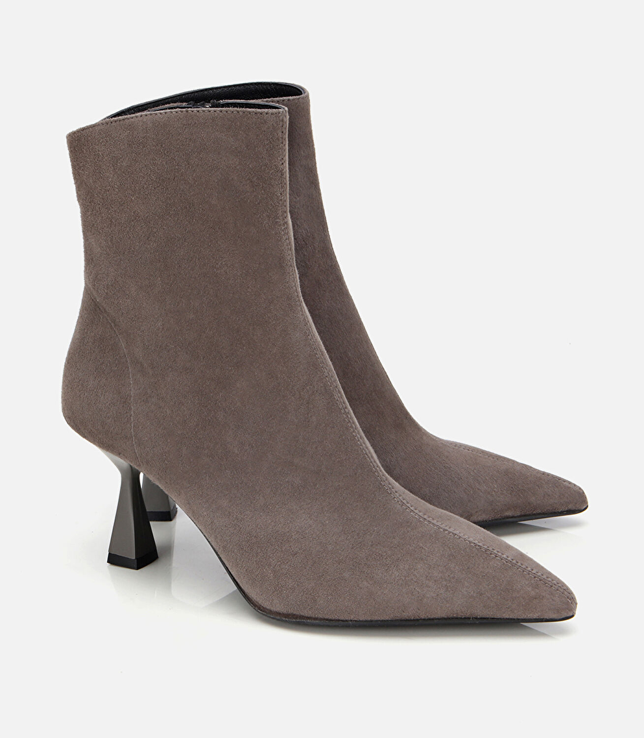 Kadın Süet Deri Vizon Dikiş Detaylı Sivri Kısa Topuklu Bot