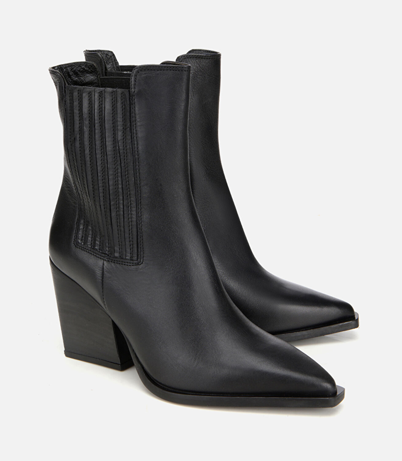 Kadın Deri Siyah Lastik Detaylı Sivri Burunlu Topuklu Bot