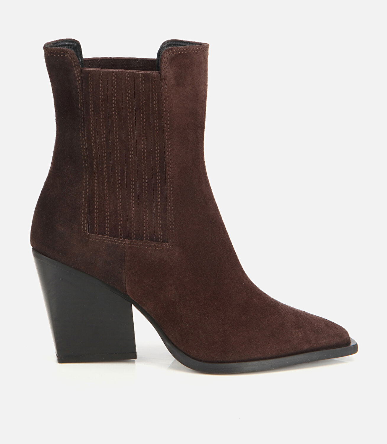 Kadın Süet Deri Kahverengi Sivri Burunlu Lastik Detaylı Topuklu Bot