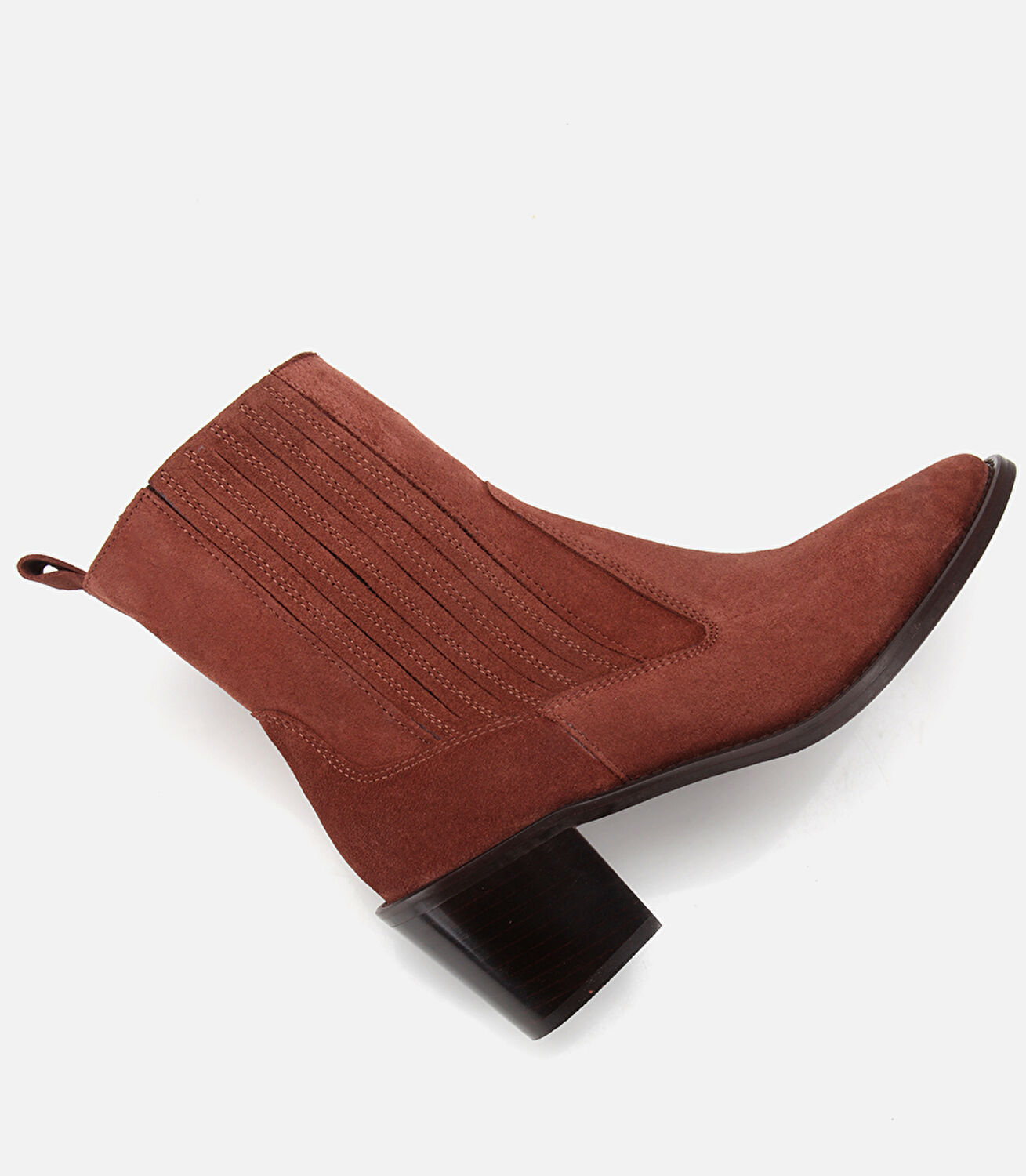 Kadın Süet Deri Taba Sivri Burunlu Lastik Detaylı Topuklu Bot