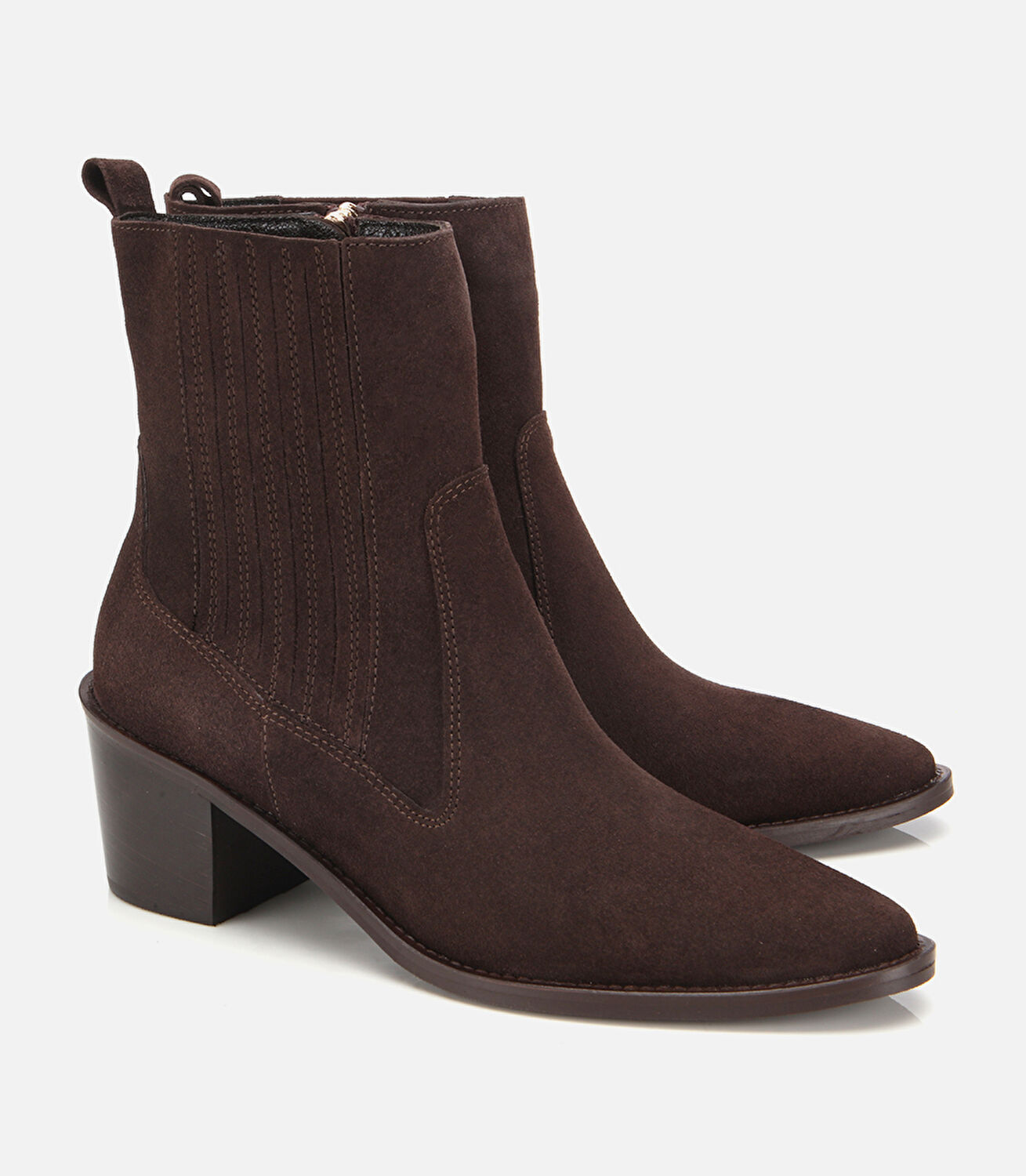 Kadın Süet Deri Kahverengi Sivri Burunlu Lastik Detaylı Topuklu Bot