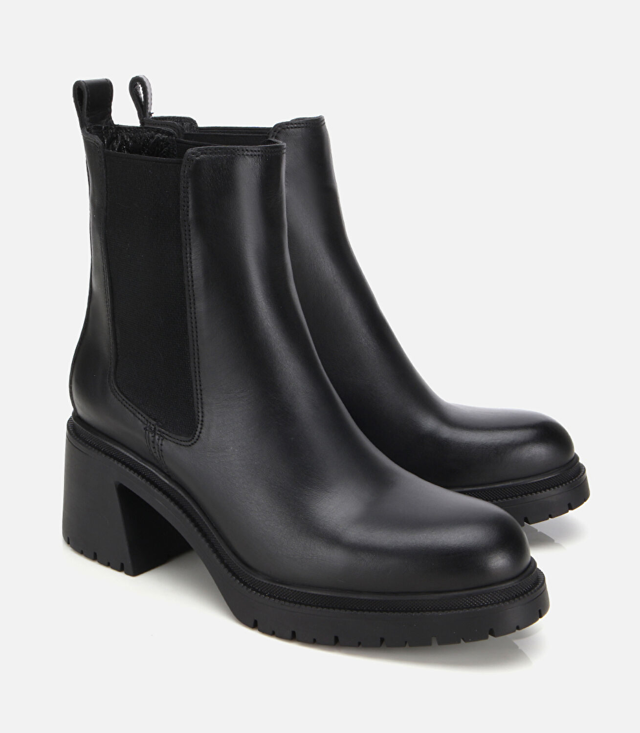 Kadın Deri Siyah Lastik Detaylı Kalın Topuklu Bot