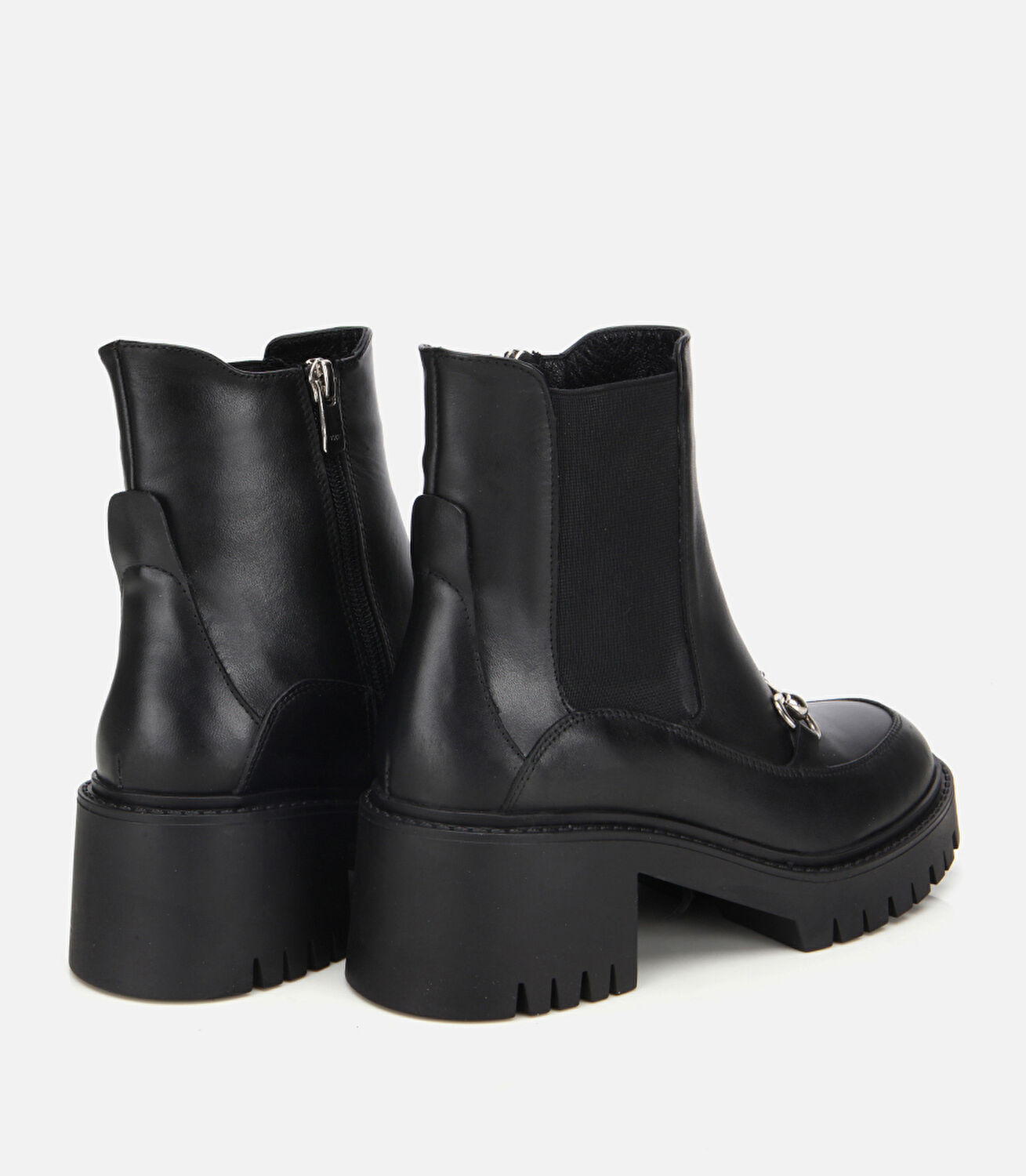 Kadın Deri Siyah Tokalı Lastik Detaylı Kalın Tabanlı Topuklu Bot