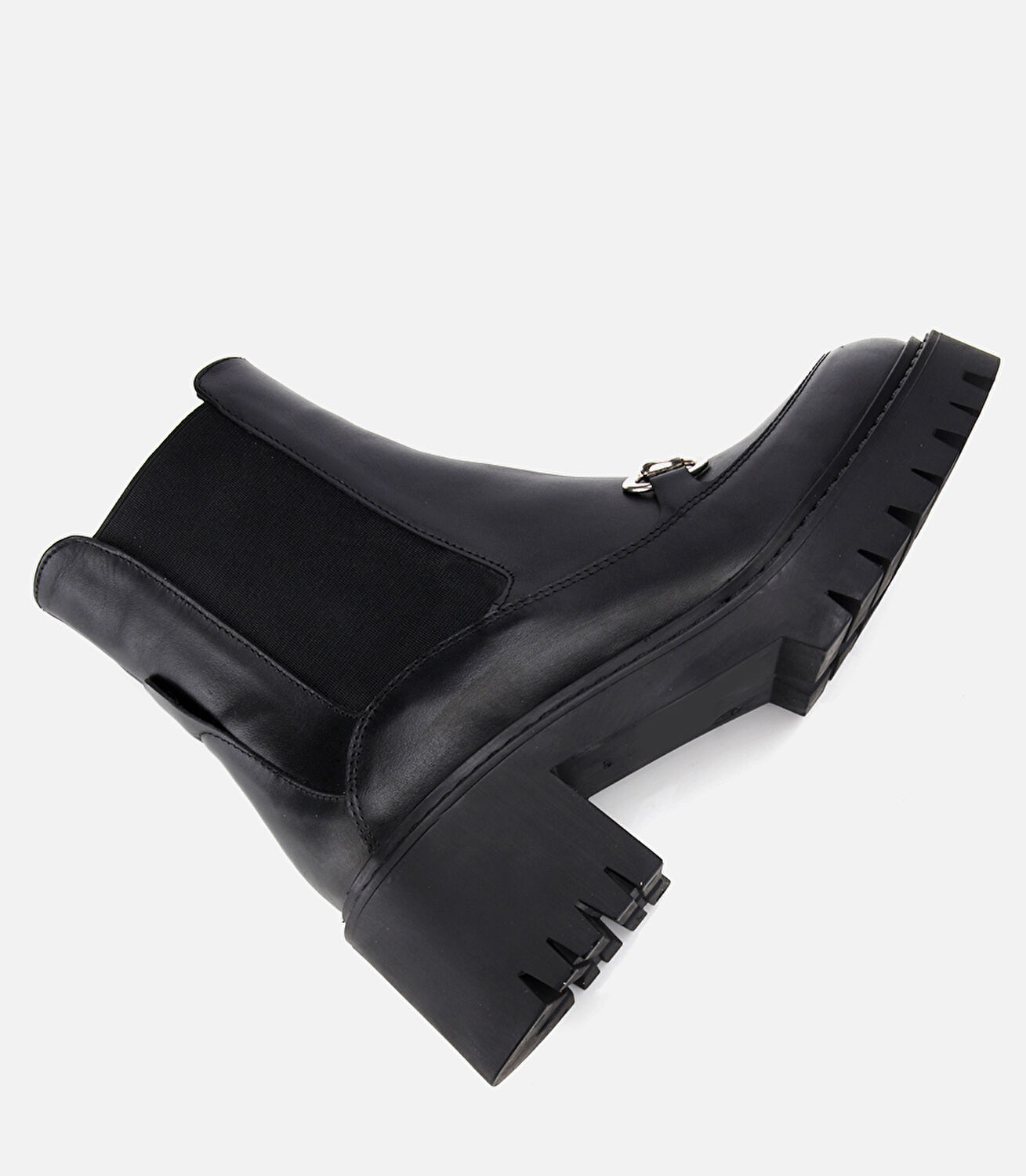 Kadın Deri Siyah Tokalı Lastik Detaylı Kalın Tabanlı Topuklu Bot