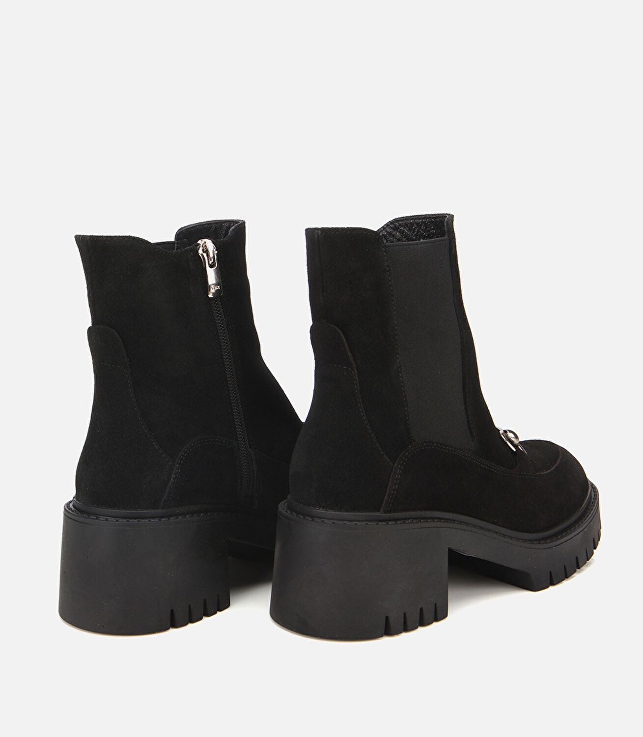 Kadın Süet Deri Siyah Tokalı Lastik Detaylı  Kalın Tabanlı Topuklu Bot