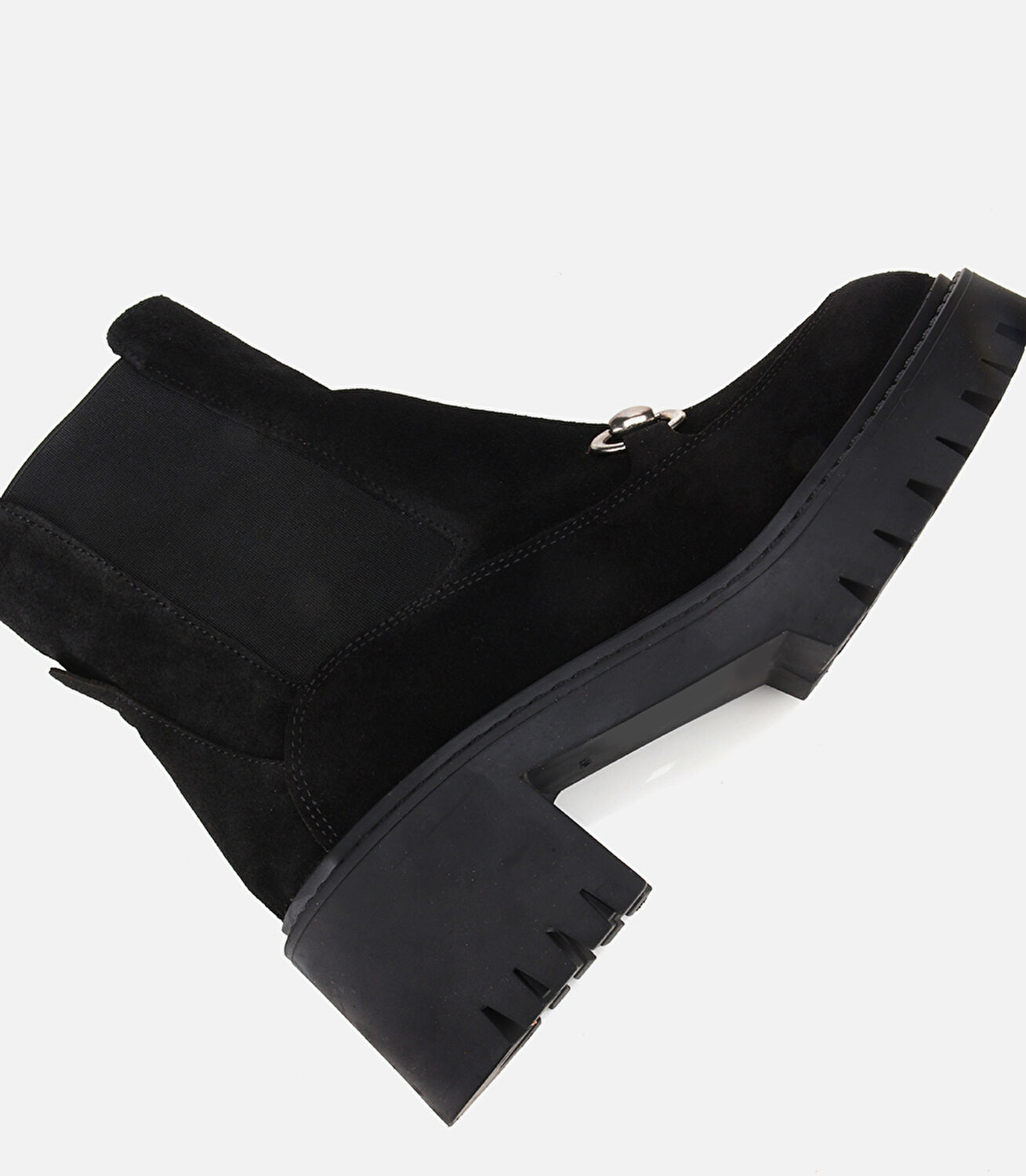 Kadın Süet Deri Siyah Tokalı Lastik Detaylı  Kalın Tabanlı Topuklu Bot