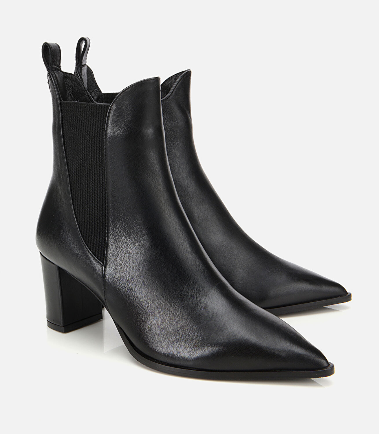 Kadın Deri Siyah Sivri Burunlu Streç Detaylı Bilekte Topuklu Bot