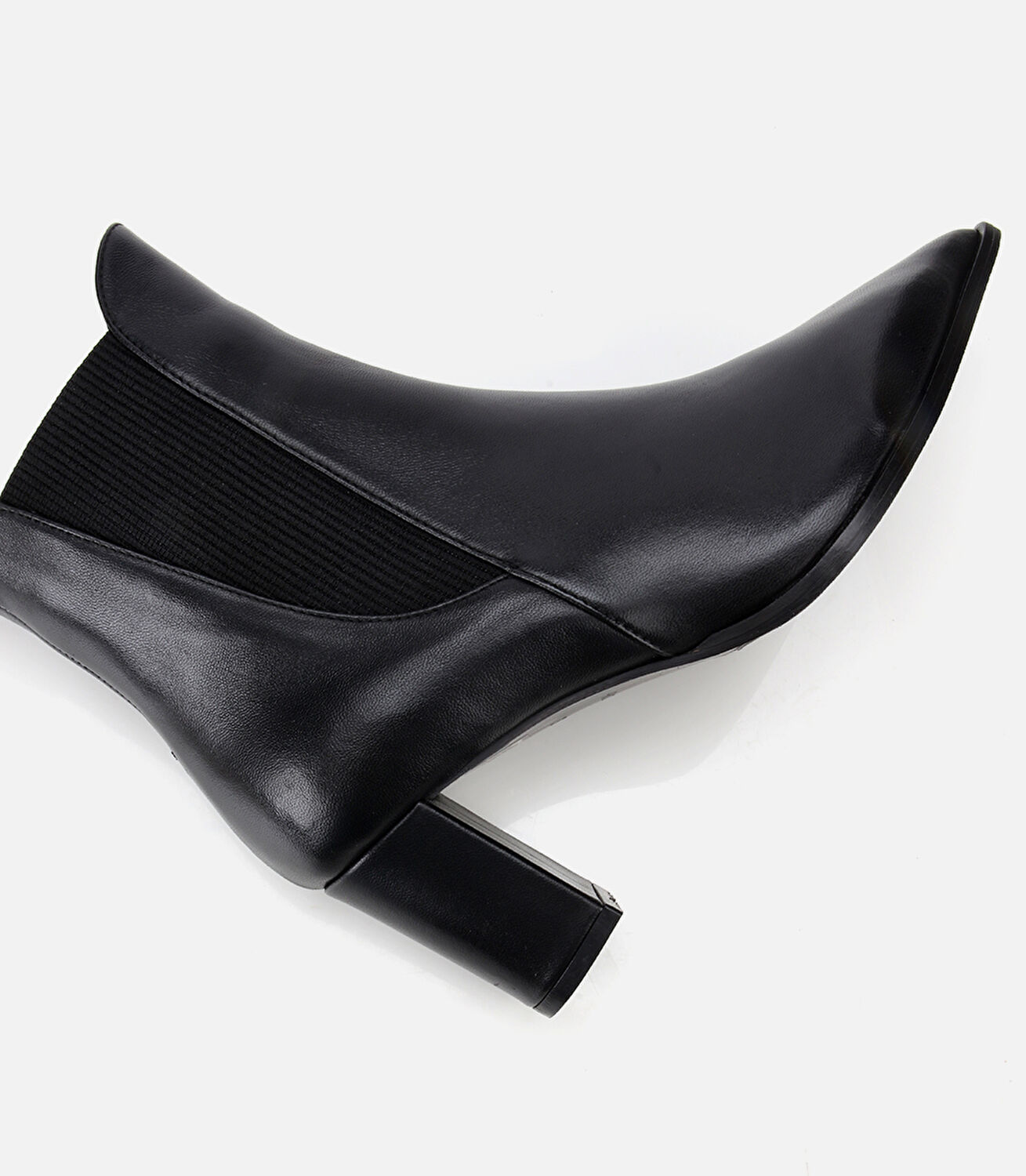 Kadın Deri Siyah Sivri Burunlu Streç Detaylı Bilekte Topuklu Bot