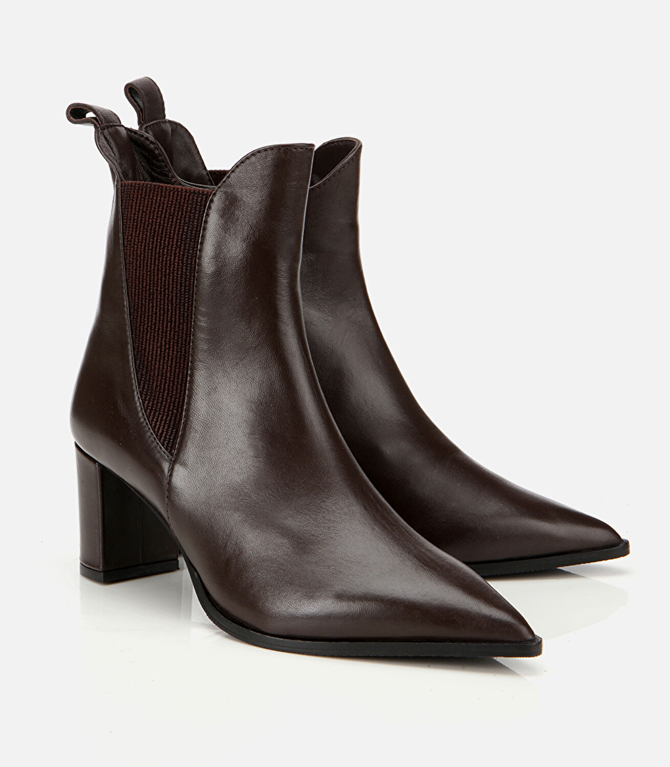 Kadın Deri Kahverengi Sivri Burunlu Streç Detaylı Bilekte Topuklu Bot