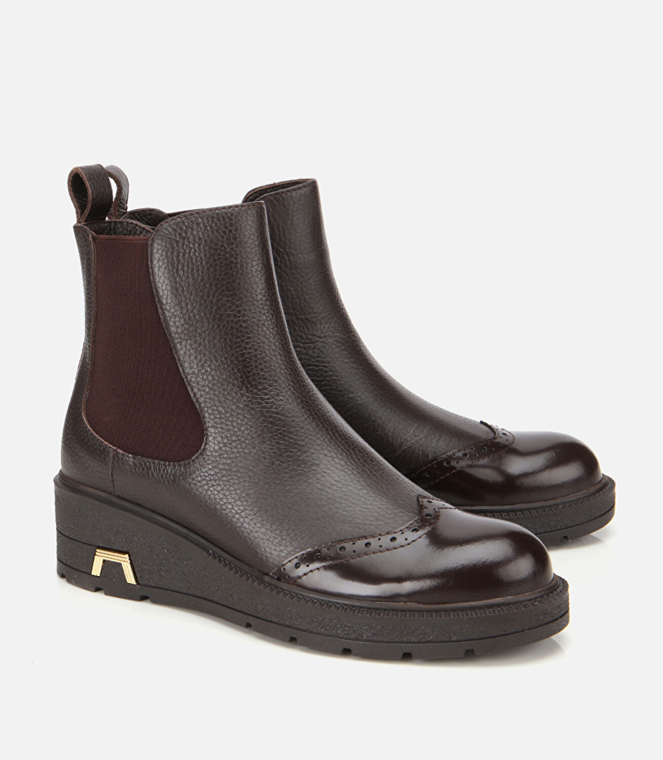 Kadın Deri Kahverengi Lastik Detaylı Dolgu Topuklu Bot