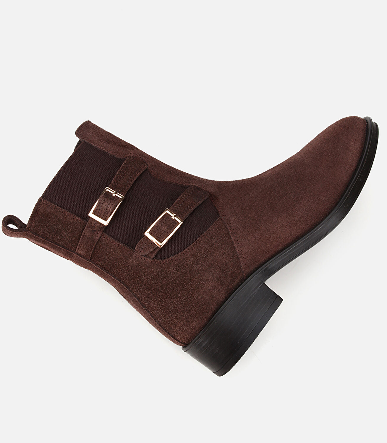 Kadın Süet Deri Kahverengi Lastik Detaylı Kemerli Bilekte Düz Bot 