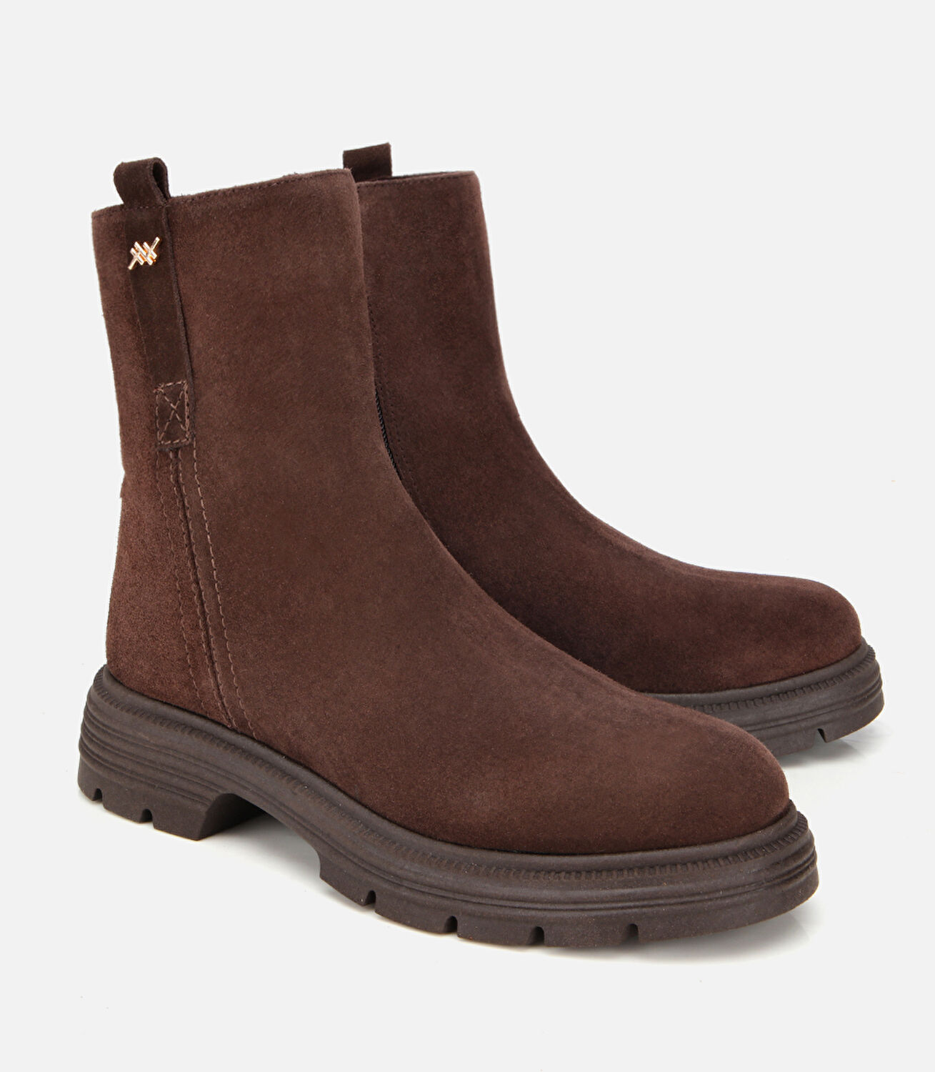 Kadın Süet Deri Kahverengi Kalın Tabanlı Bilekte Düz Bot