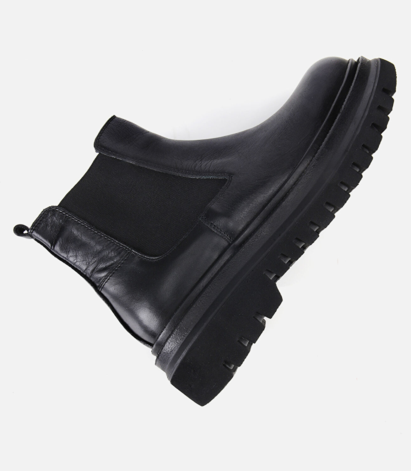 Kadın Deri Siyah Lastik Detaylı Kalın Tabanlı Düz Bot