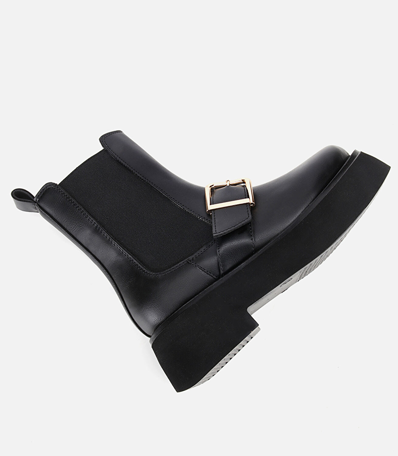 Kadın Siyah Lastik Detaylı Tokalı Kalın Tabanlı Düz Bot