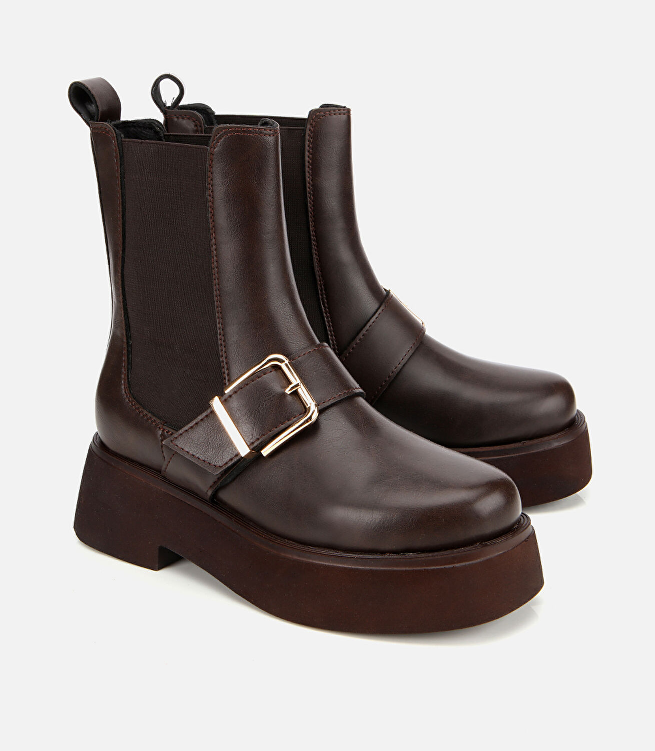 Kadın Kahverengi Lastik Detaylı Tokalı Kalın Tabanlı Düz Bot