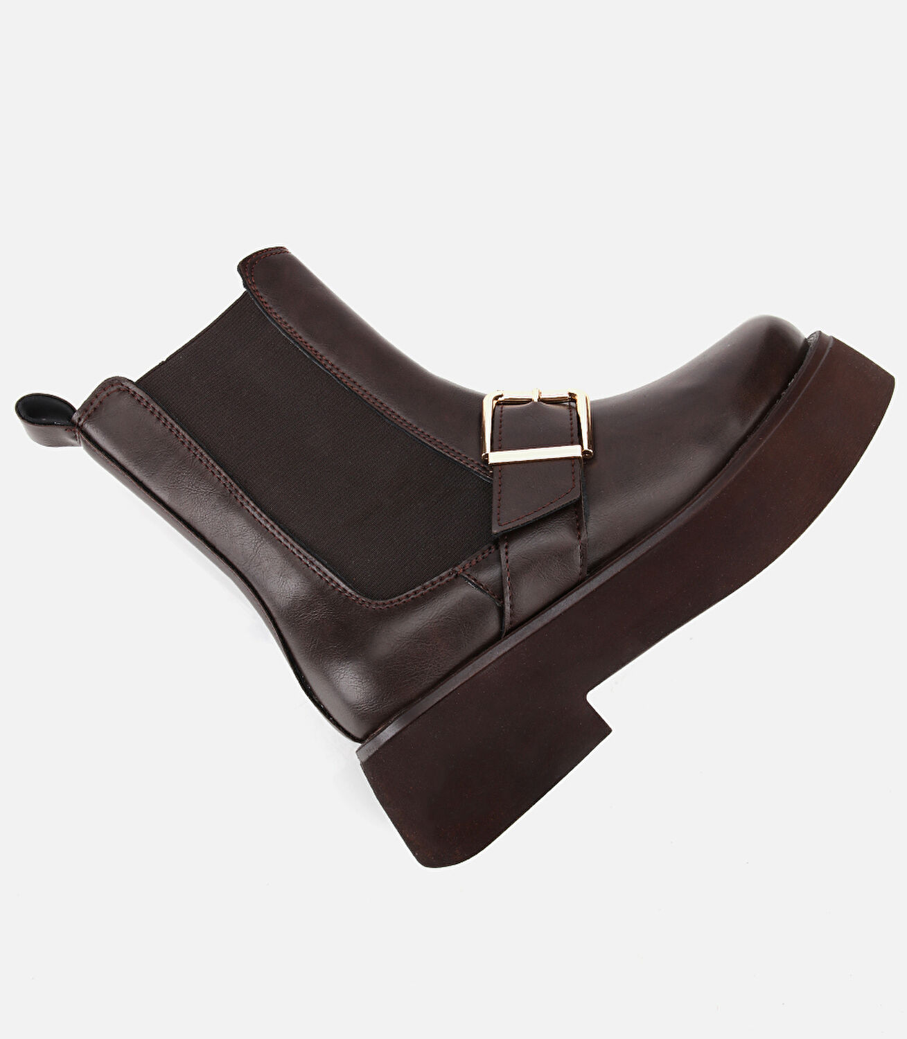 Kadın Kahverengi Lastik Detaylı Tokalı Kalın Tabanlı Düz Bot