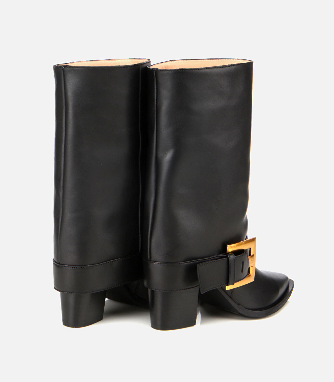 Kadın Deri Siyah Pantolon Görünümlü Gold Tokalı Kalın Topuklu Bot