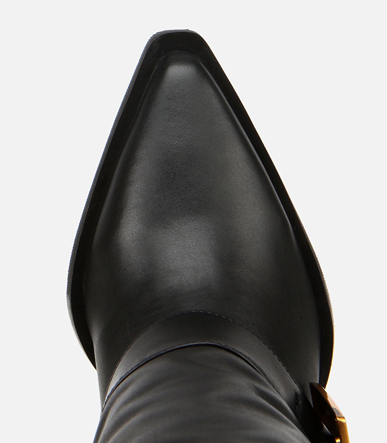 Kadın Deri Siyah Pantolon Görünümlü Gold Tokalı Kalın Topuklu Bot