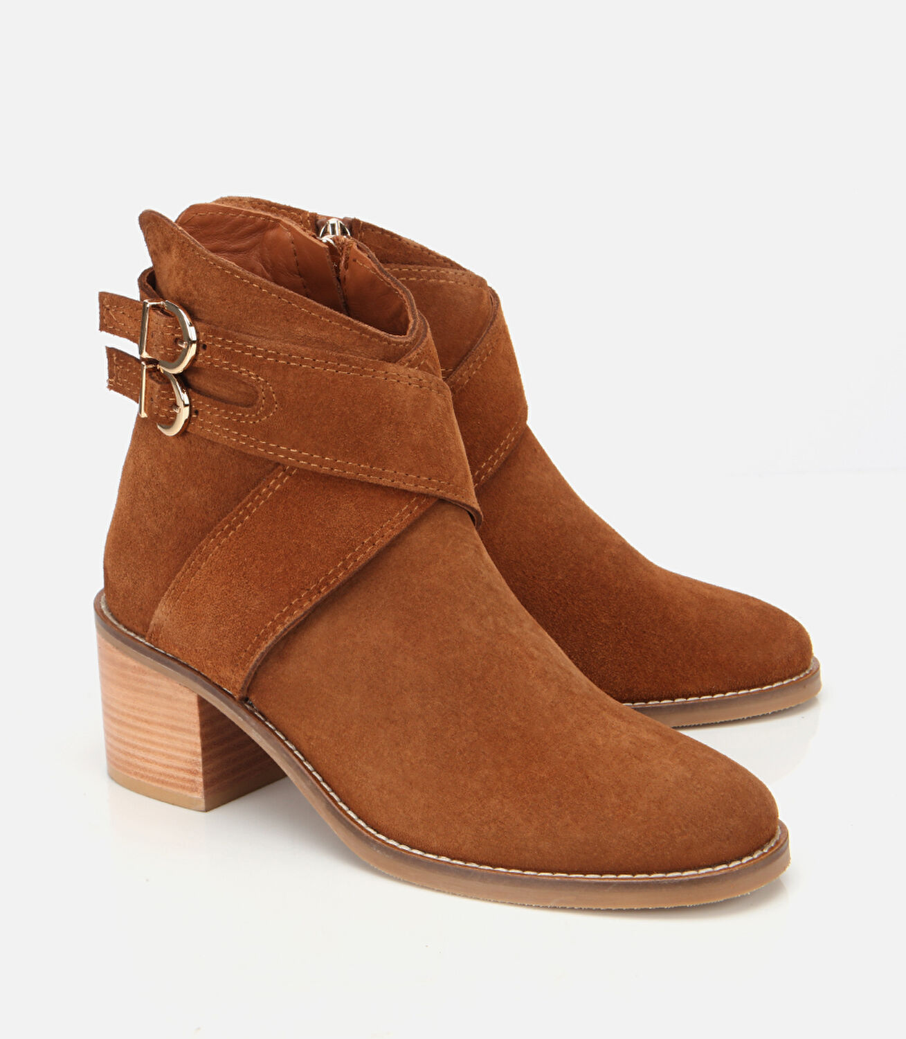 Kadın Süet Deri Taba Gold Detaylı Tokalı Topuklu Bot