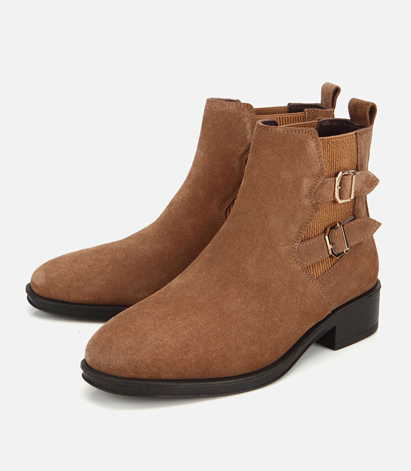 Kadın Süet Deri Açık Kahverengi Tokalı Lastik Detaylı Düz Bot