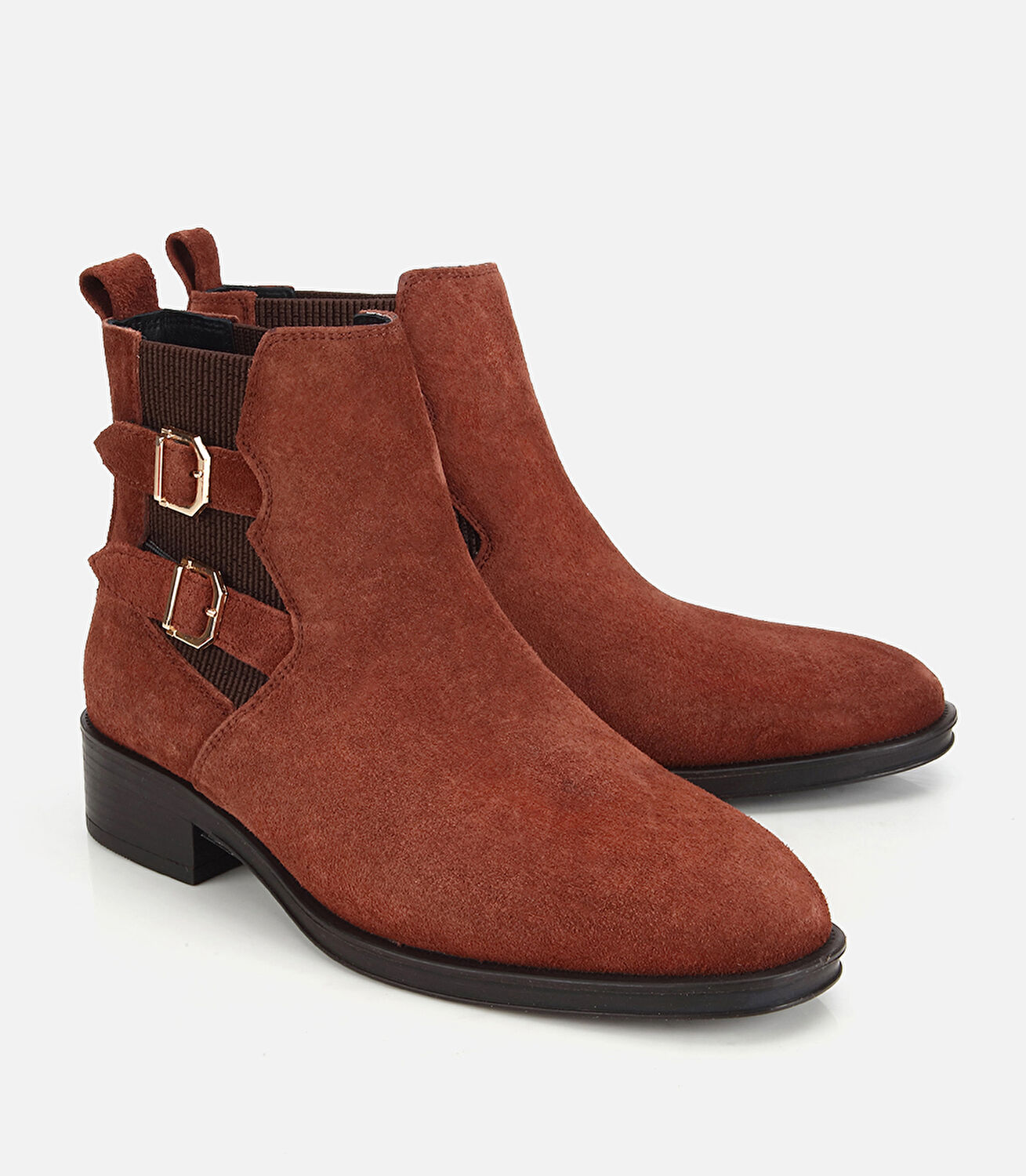 Kadın Süet Deri Taba Tokalı Lastik Detaylı Düz Bot