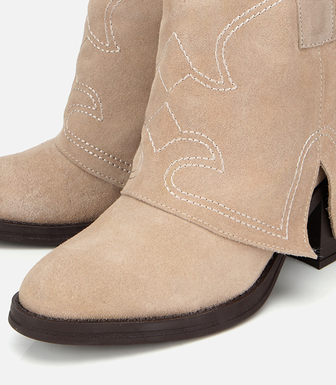 Kadın Süet Deri Bej Dikiş Detaylı Kovboy /Western Topuklu Bot
