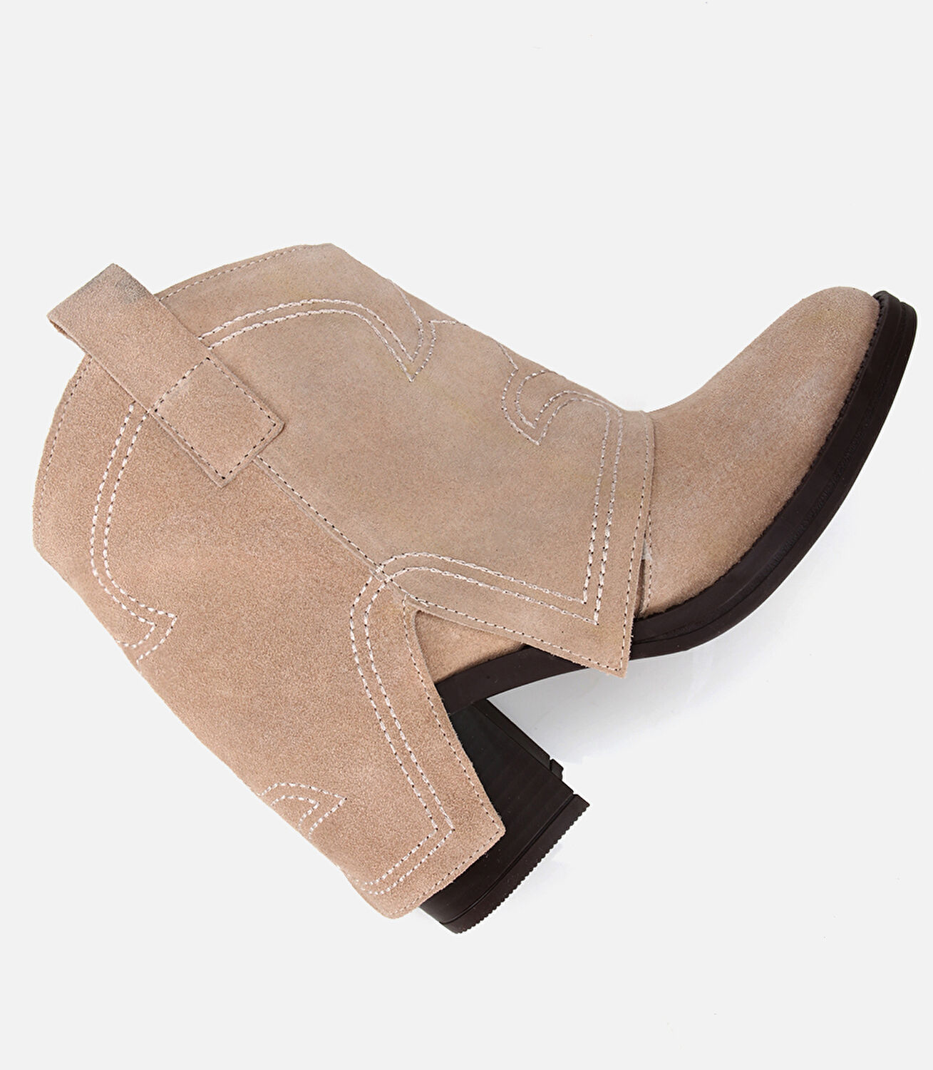 Kadın Süet Deri Bej Dikiş Detaylı Kovboy /Western Topuklu Bot