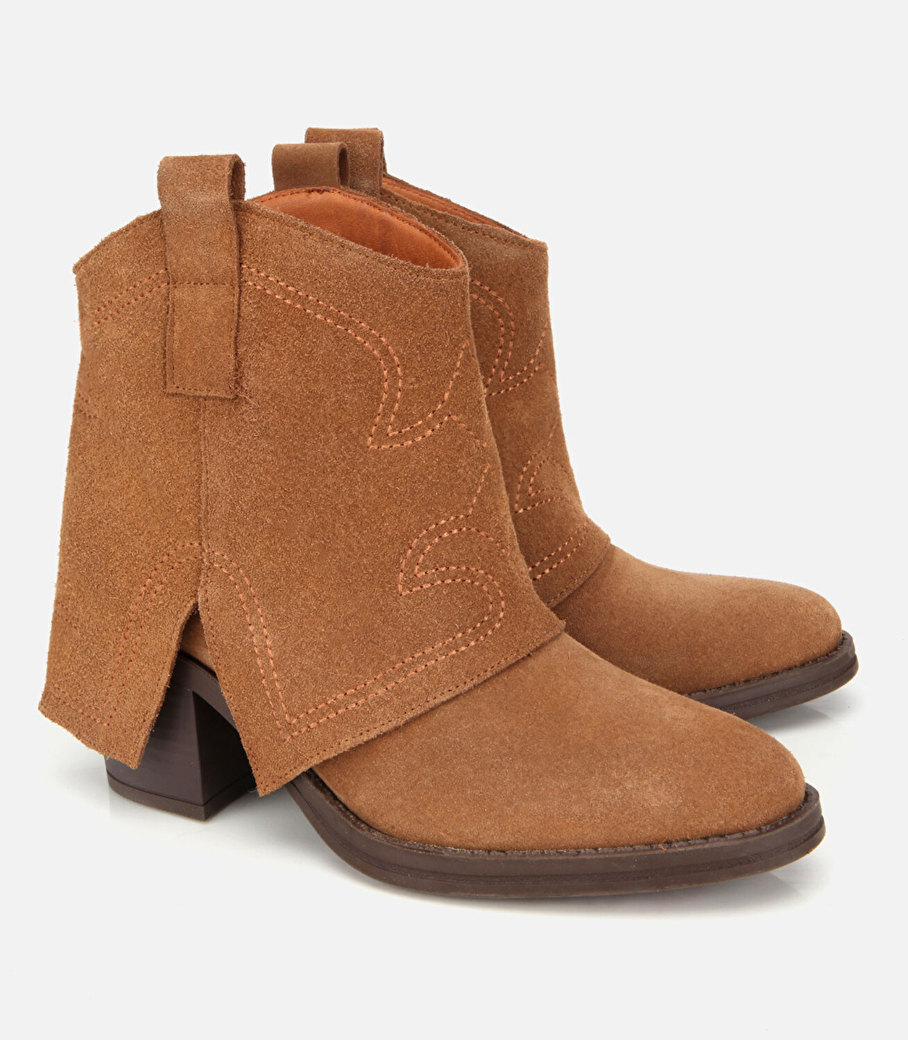 Kadın Süet Deri Taba Dikiş Detaylı Kovboy /Western Topuklu Bot