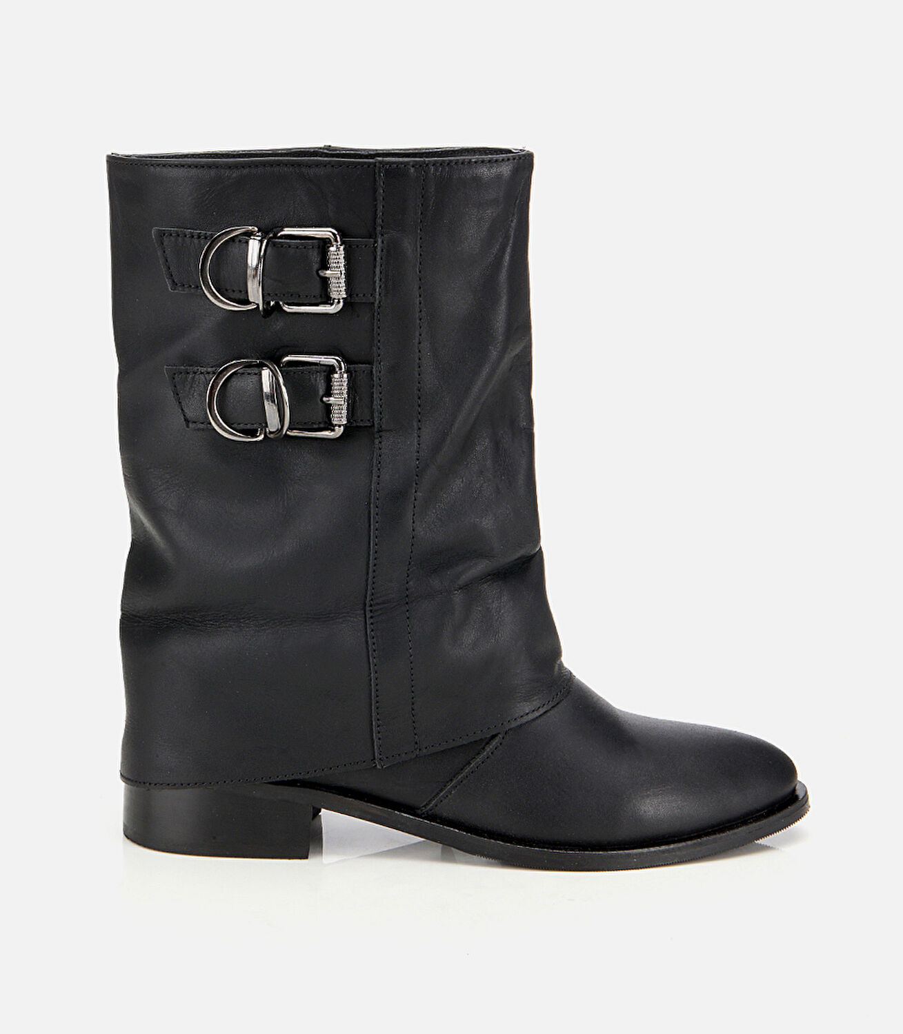 Kadın Deri Siyah Tokalı Kırışık Görünümlü Kovboy/Western Düz Bot