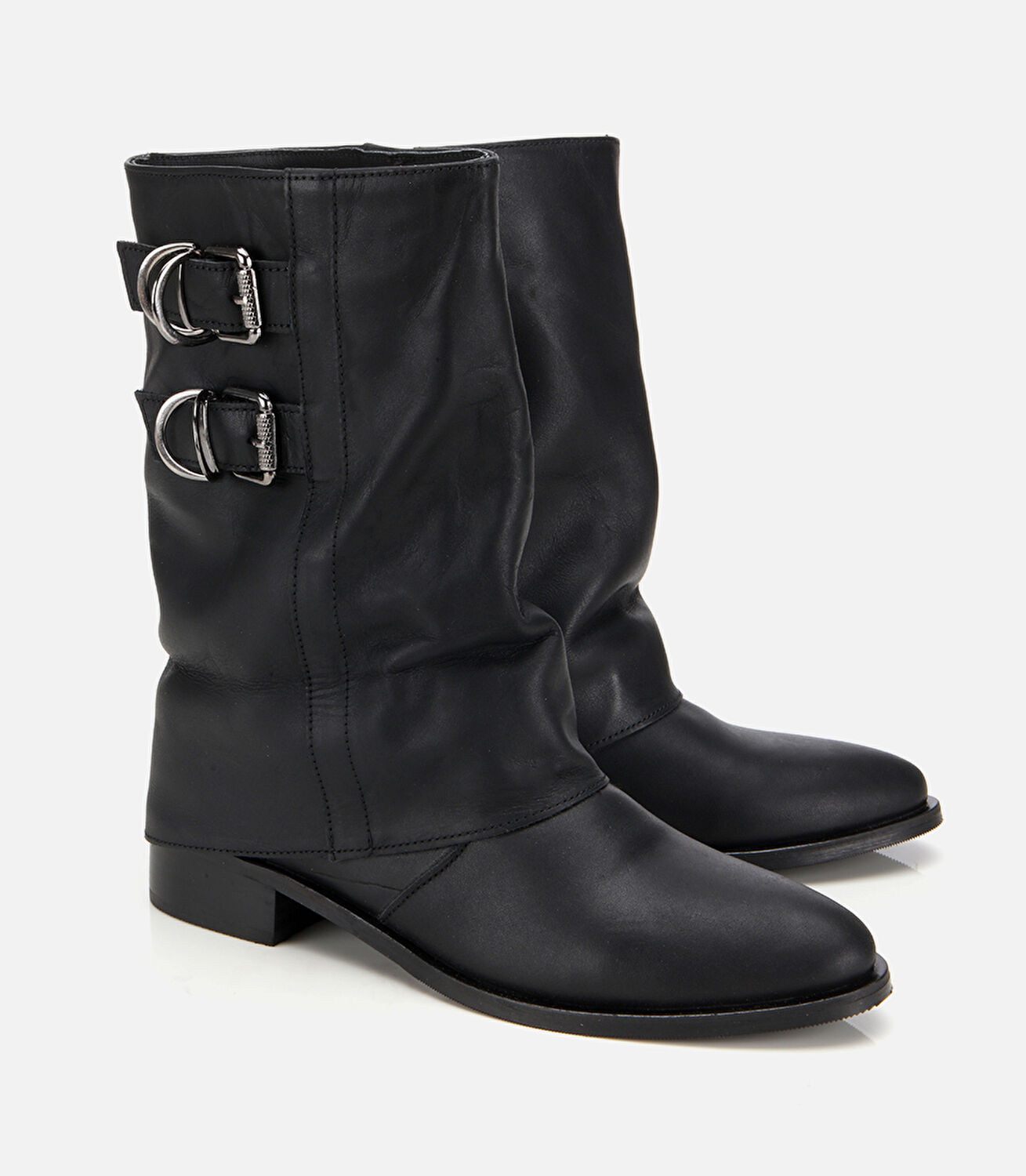 Kadın Deri Siyah Tokalı Kırışık Görünümlü Kovboy/Western Düz Bot