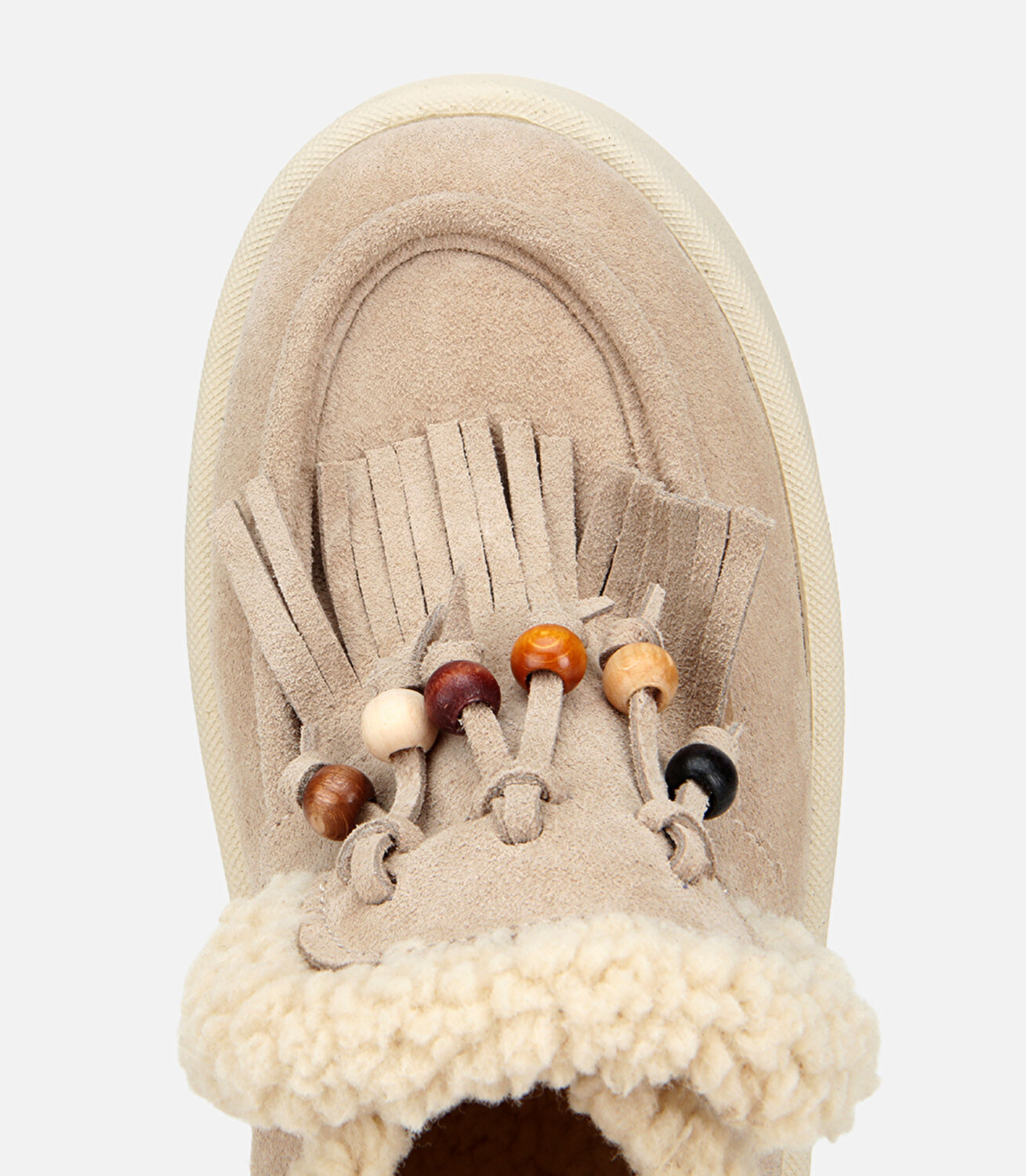 Kadın Süet Deri Bej İçi Kürklü Saçaklı Püskül Detaylı Düz Bot