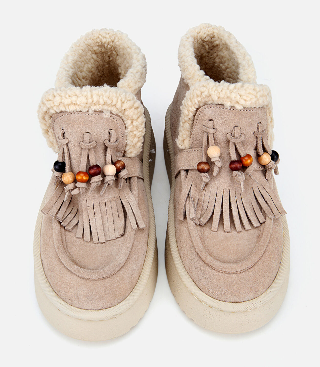 Kadın Süet Deri Bej İçi Kürklü Saçaklı Püskül Detaylı Düz Bot