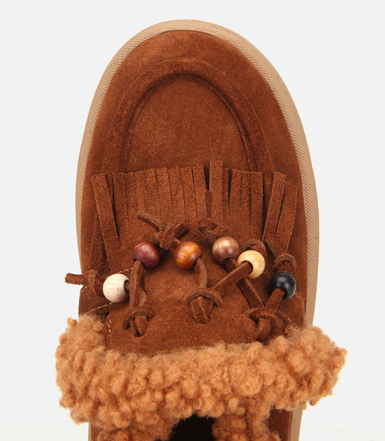 Kadın Süet Deri Taba İçi Kürklü Saçaklı Püskül Detaylı Düz Bot