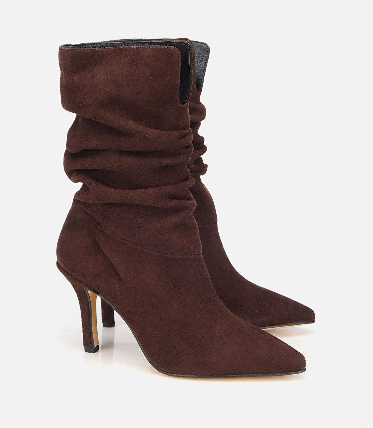 Kadın Süet Deri Kahverengi Büzgülü Sivri Burunlu İnce Topuklu Bot