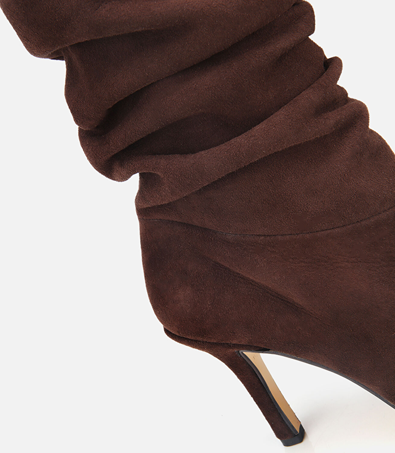 Kadın Süet Deri Kahverengi Büzgülü Sivri Burunlu İnce Topuklu Bot