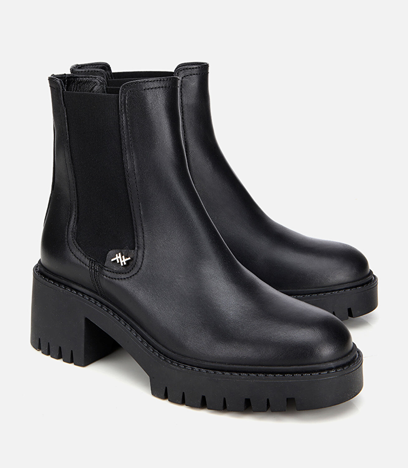 Kadın Deri Siyah Lastik Detaylı Kalın Tabanlı Topuklu Bot