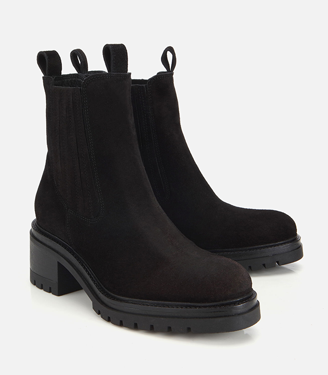 Kadın Süet Deri Siyah Lastik Detaylı  Kalın Tabanlı Topuklu Bot